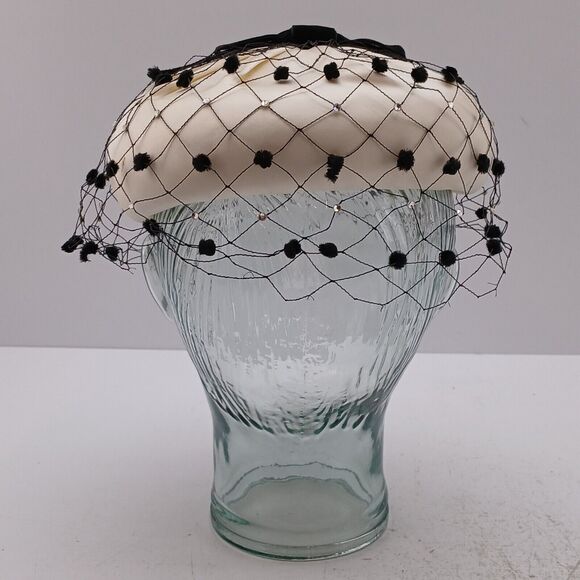Ivory Fabric & Satin Pillbox Ladies Hat W/ Black Net Veil -Cathay of California - Picture 5 of 12
